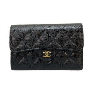 Chanel Trifold Wallet Classic Flap Quilted Black Gold Handbag